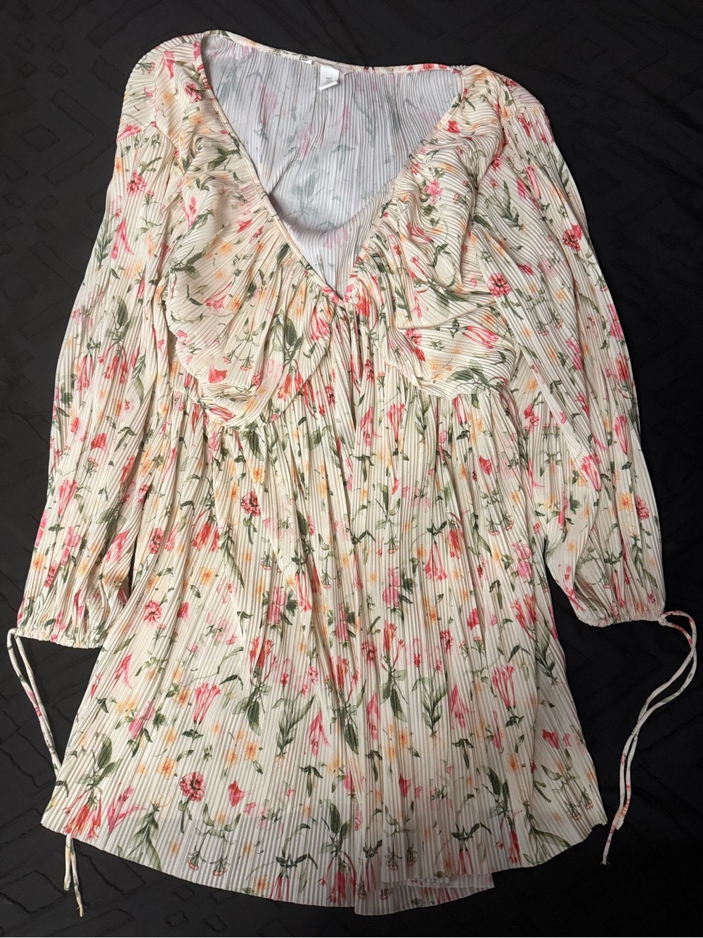 H&M Cream Floral Long-Sleeve Dress with Pink & Green Print